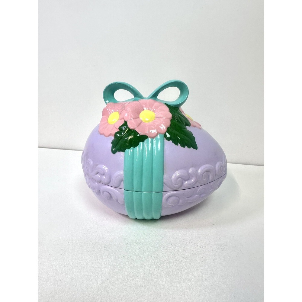 Vtg Atlantic Mold Ceramic 2pc Easter Egg Painted Bow 70s Spring Purple Floral